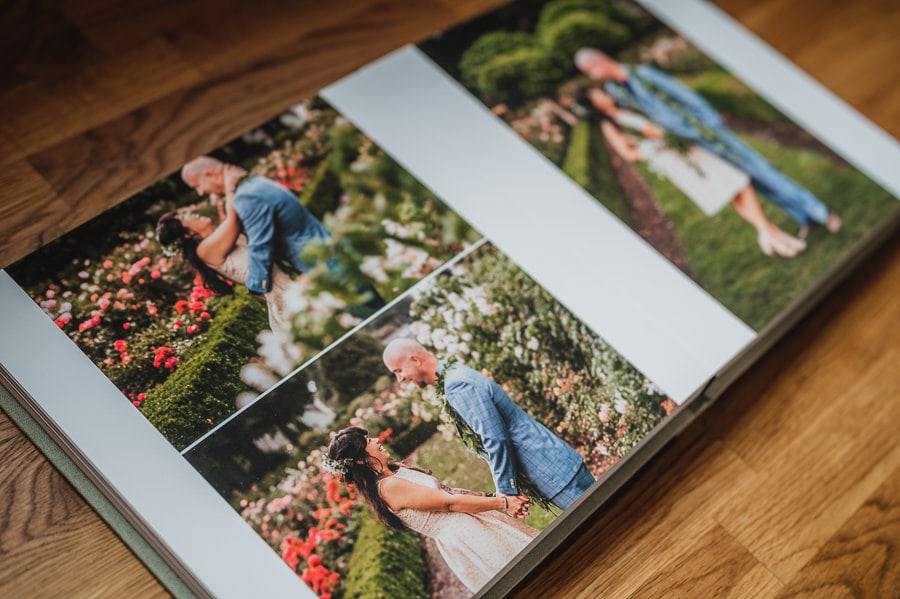 A spread in a wedding album showing wedding portraits designed by Portland Wedding photographer Kyle Carnes.