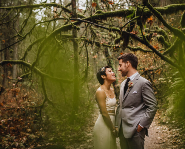 Bride and Groom in wooded area